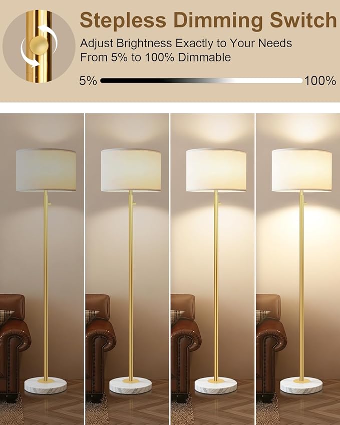 Gold Floor Lamps for Living Room–LED Bulb Included,Dimmable Floor Lamp with Linen Shade,Modern Standing Lamp with Marble Base,Tall Floor Lamp for Bedroom,Nursery,Reading & Office