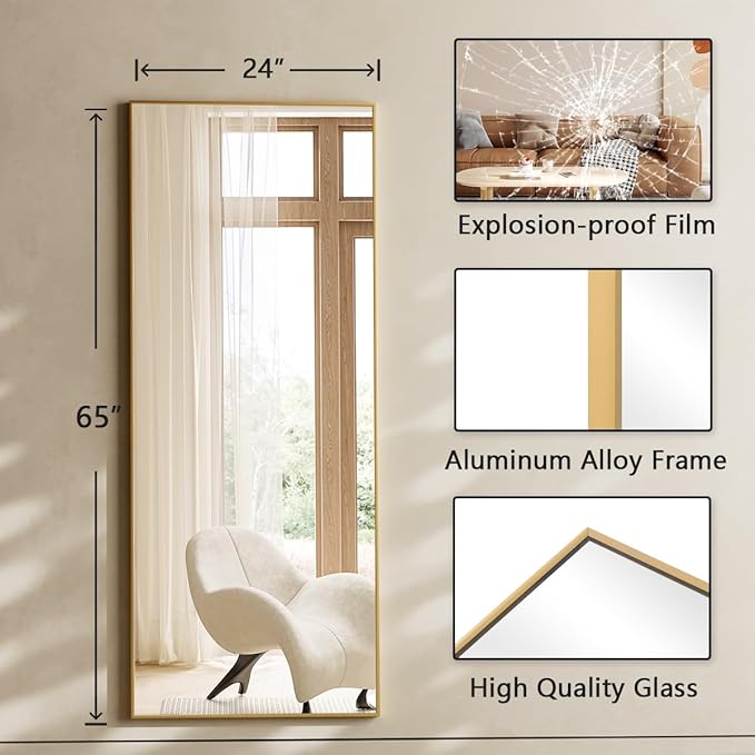 Koonmi 65"x24" Floor Mirror Full Length, Bedroom Floor Body Mirror with Stand, Large Gold Mirror, Leaning, Standing or Hanging Horizontally/Vertically