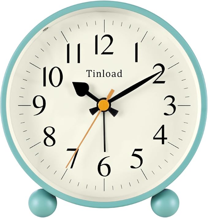 Tinload 4.5" Vintage Retro Analog Alarm Clock, Super Silent Non Ticking Small Clock with Manual Light, Snooze, Battery Operated, for Living Room, Bedroom, Bedside, Desk(Green)
