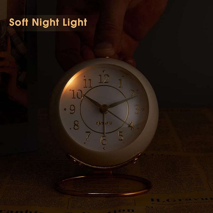 rjuwurv Metal Desk Clock, Retro Bedroom Table Vintage Analog Alarm Clock, Silent Non-Ticking Gold Clock, Bedside Décor(Milk White)