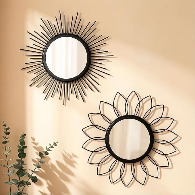 Gold Mirrors for Wall - Metal Sunburst Wall Mirror Room Decor & Home Decor, Boho Mirror Wall Decor Gifts for Women & Moms (Sun-Black, Small)