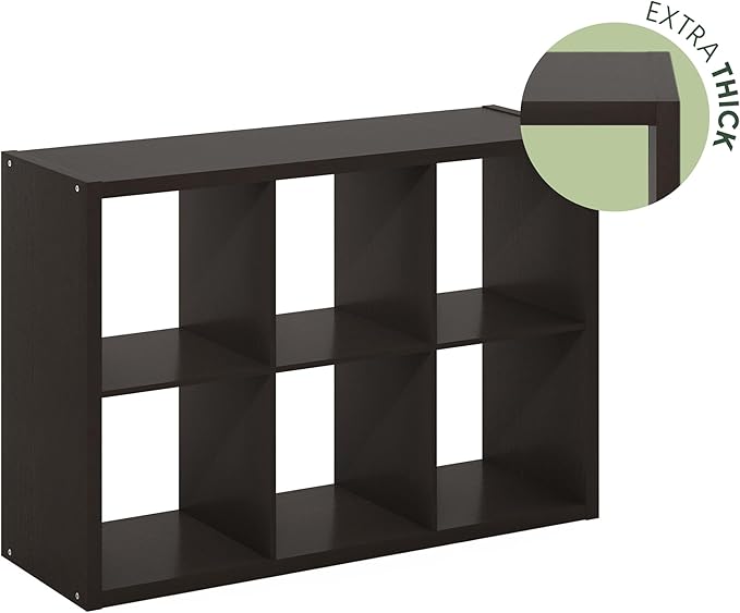 Furinno Cubicle Book Shelf, 6-Cube Bookshelf, Extra Thick Frame Horizontally & Vertically Reversible Bookcase with Open Back, 14.6" x 44" x 30", for Living Room, Bedroom, Home Office, Black Dark Oak