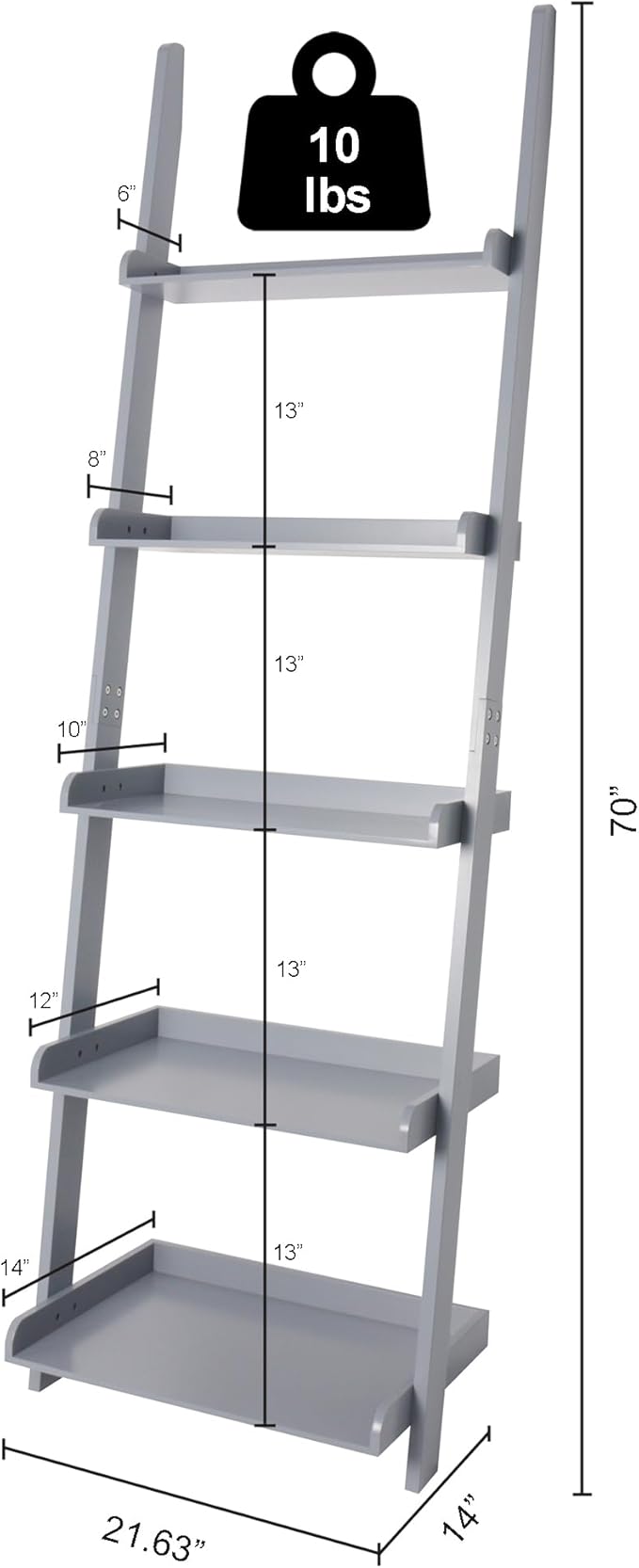 eHemco Modern 5 Tier Leaning Wall Ladder Bookshelf Organizer, Storage Rack, 70 Inches, Gray