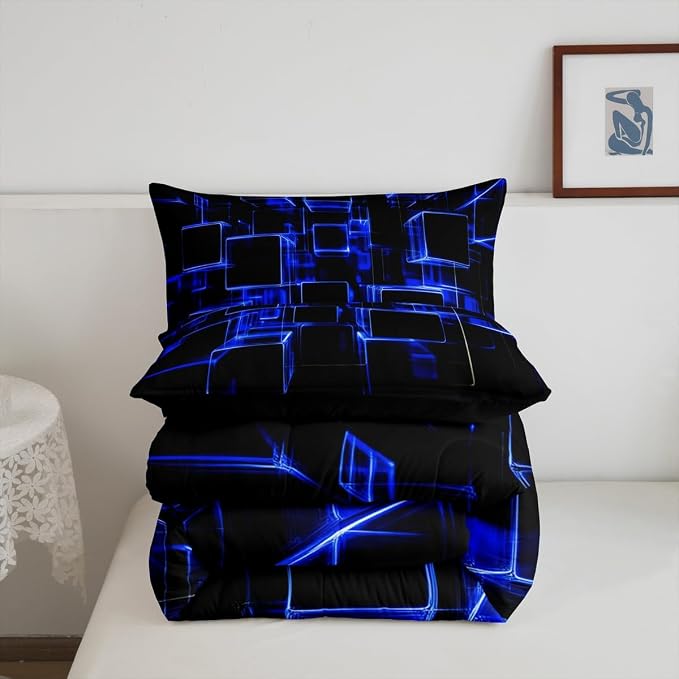 Erosebridal Honeycomb Blue and Black Kids Comforter Set, Modern Geometric Square Bedding for Boys Girls Gradient Neon Light Abstract Duvet Set King 3 Pieces