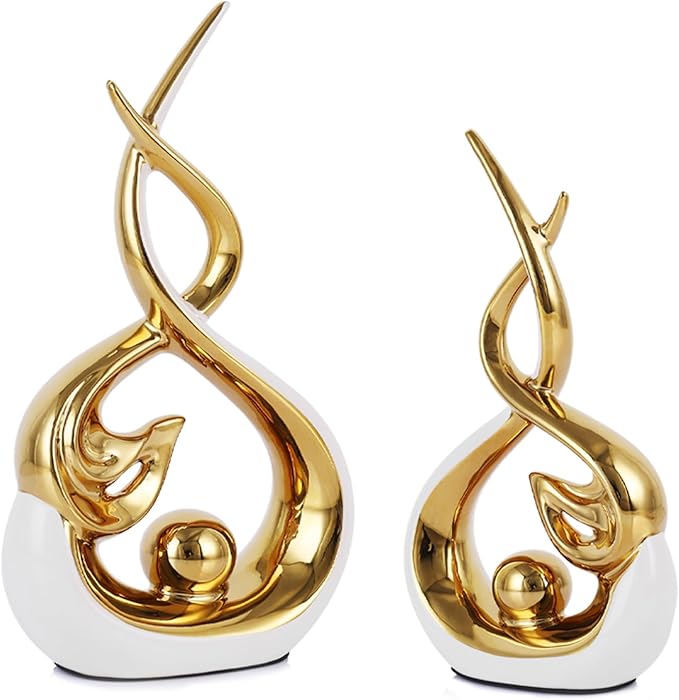 Home Decor Modern Abstract Art Ceramic Statue - 2 PCS White and Gold Sculptures, Mid Century Modern Decor, Elegant Table Centerpieces for Dining Room, Living Room, Office, Entryway, Bookshelf, Mantel