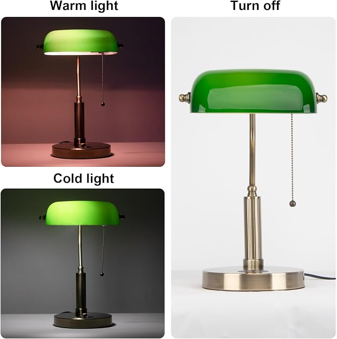 FIRVRE Glass Bankers Desk Lamp with Wireless Charger, 2 USB Charging Port, Vintage Desk Lamp with Pull Chain Switch, Retro Table Lamps for Home Office, Piano, Library (Bulb Included)