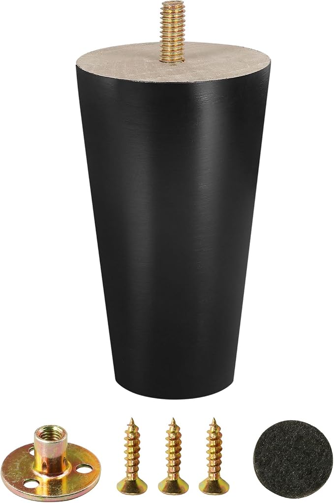 FoDau770 Black Rubber Wood Furniture Legs 6 Inches, 5/16" UNC Straight Tapered Wood Feet Mid Century Sofa Legs, Wooden Furniture Feet Replacement Parts for Cabinet Couch Dresser Chair Ottoman Table