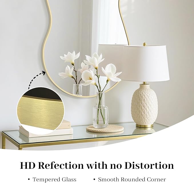 HOMECOOKIN 46" H x 26" W Irregular Wall Mirror, Asymmetrical Decorative Mirror with Gold Aluminum Frame, Wavy Abstract Gold Mirror, for Living Room, Bedroom, Bathroom, Entryway, Cloakroom
