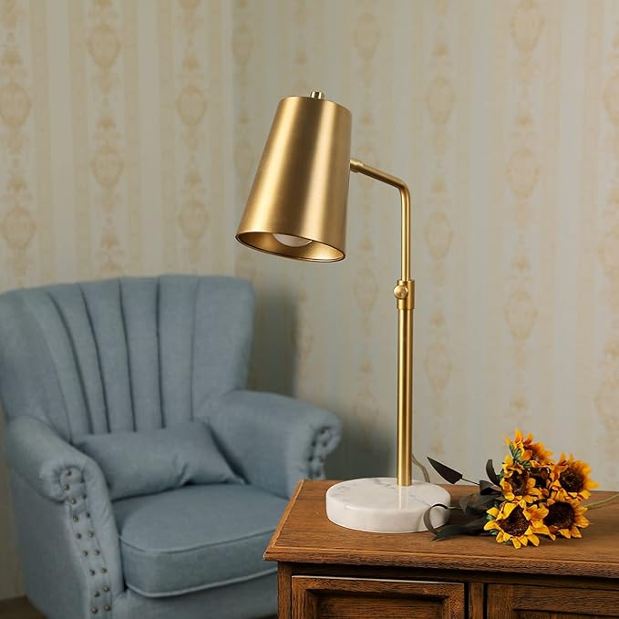 VONLUCE Gold Desk Lamp with LED Bulb Adjustable, Antique Brass Metal Table Lamp Marble Base, Mid Century Modern Reading Lamp Office, 20’’ Industrial Task Lamp Work Lamp for Reading Bedroom
