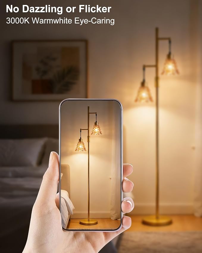 2-Light Modern Glass Floor Lamp, Gold Standing Tall Lamp with Amber Shell Glass Shade, Dimmable LED Floor Lamp with 5Lbs Heavy Base for Living Room Bedroom Home Decor, Bulb Included