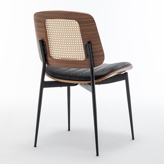LUNLING Dining Chairs Set of 2 Mid Century Modern Retro Faux Leather Kitchen Chairs with Walnut Bentwood Upholstered Seat Metal Legs Adjustable Foot for Kitchen Dining Room Chairs(Black-Rattan Back)