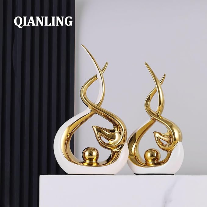 QIANLING Home Decor Modern Abstract Art Ceramic Statue - White and Gld Ceramic Sculpture, Dining Table Centerpiece Decor, Decoration for Living Room, Coffee Table, Shelf, Kitchen