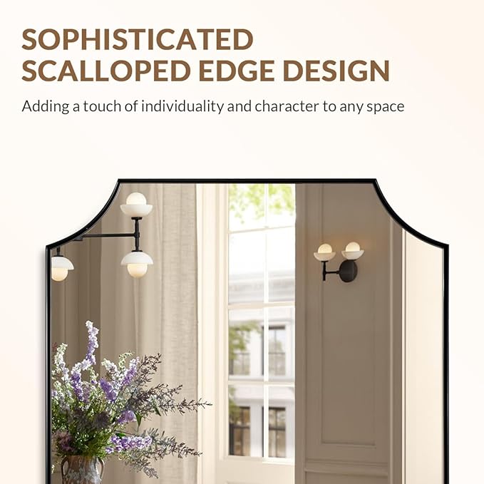 ANDY STAR Bathroom Vanity Mirror, 28x36 Inch Matte Black Mirror, Modern Scalloped Mirrors for Bathroom, Unique Wall Mirror with Aesthetic Scalloped Corner Design