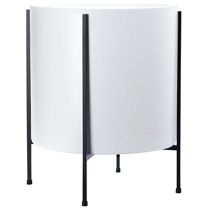 D'vine Dev 16 Inch White Planter Pot with Stand – Modern Plastic Cylinder Flower Pot with Heavy-Duty Metal Stand for Indoor Plants, 55-D-A-5