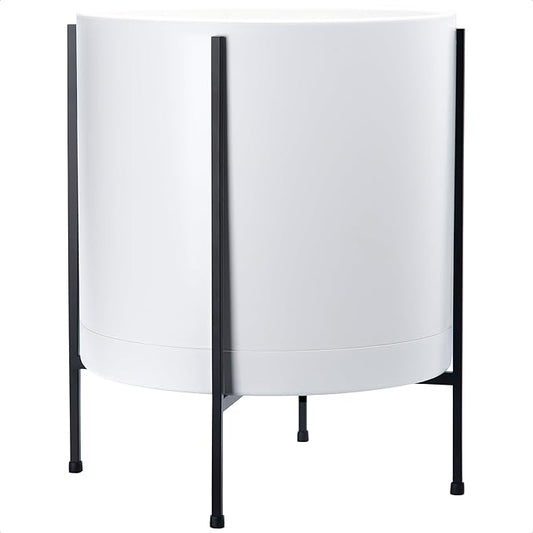 D'vine Dev 16 Inch White Planter Pot with Stand – Modern Plastic Cylinder Flower Pot with Heavy-Duty Metal Stand for Indoor Plants, 55-D-A-5