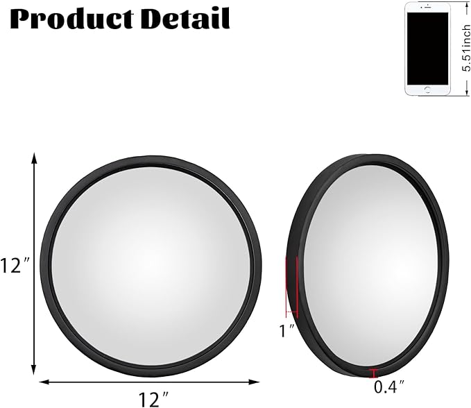 12" Matte Black Round Convex Mirror, Small Circle Wall Mirror with Thick Metal Framed, Round Decorative Wall Mirror for Bathroom, Vanity
