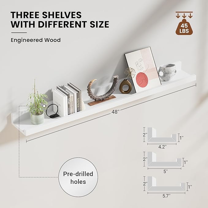 Heimlove 48 Inch Picture Ledge Shelf with Lip,White Floating Shelves for Wall Set of 3,Long Wall Shelves in Varying Depths for Living Room,Bedroom,Nursery,Bookshelf