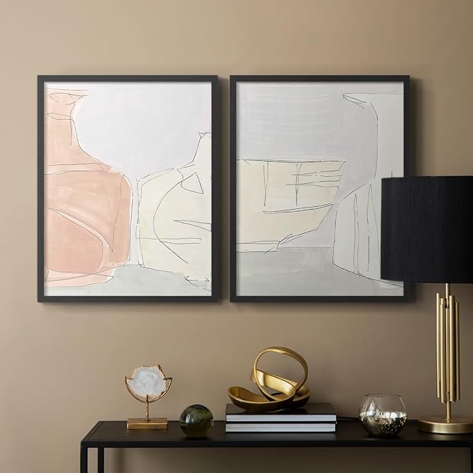 Renditions Gallery Set of 2 Peel & Stick Framed Prints, Neutral Abstract Wall Art, Soft Tones Delicate Linework Wall Decor, Re-Stickable - Ready to Hang - 8"x10" - Black Frame LT588