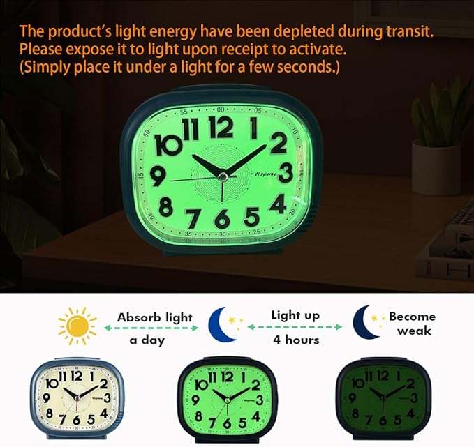 Vintage Retro Analog Alarm Clock, Battery Operated, Readable for Seniors，Silent No Ticking, Glow in Dark Dial, Lighted on Demand and Snooze, Blue, 4.7" x 3.9" x 2.7"