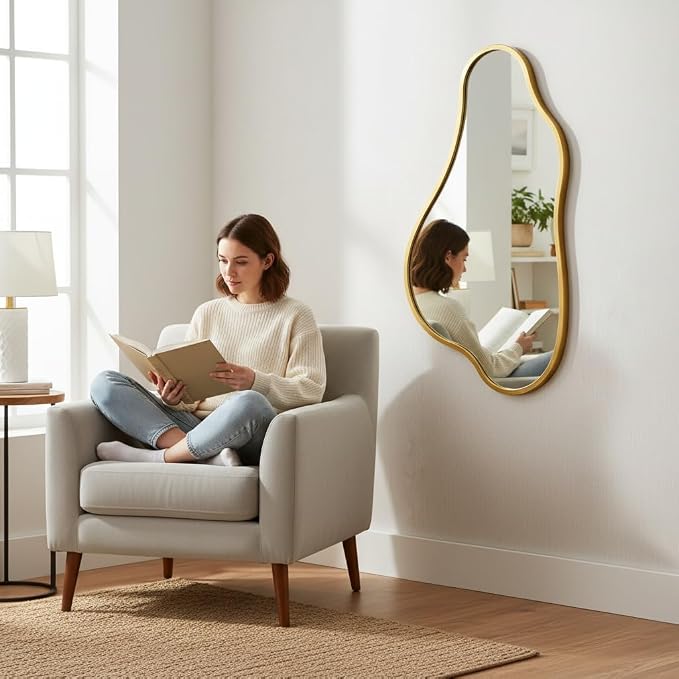 ZIYOO 32x18 Inch Irregular Wall Mirror, Vertical Wavy Design, Gold Asymmetrical Metal Frame Decorative Mirror for Living Room, Bedroom, Entryway, Hallway (Gold Metal,32" x 18")