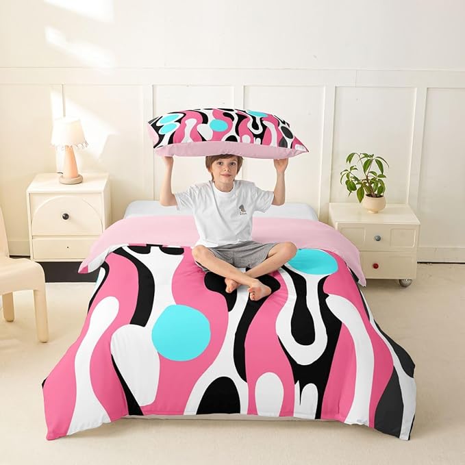 Erosebridal Mid Century Modern Abstract Duvet Cover Set Vintage Geometric Twin Bedding Sets for Girls Preteen Boys Contemporary Organic Shapes Comforter Cover Squiggle Blob Bed Set,Pink Turquoise