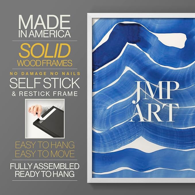 Renditions Gallery Set of 2 Peel & Stick Framed Prints, Watercolor Abstract Wall Art, Bold Brushstrokes in Shades of Blue Wall Decor, Re-Stickable - Ready to Hang - 11"x14" - White Frame LT588