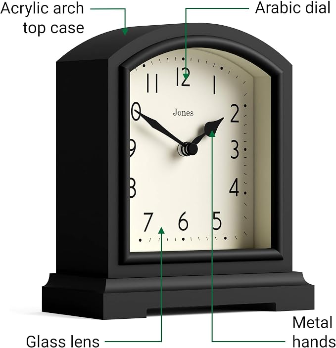 JONES CLOCKS® Tavern Mantel Clock | Modern Arch top Design | Black | Contemporary Classic Style for Desk, Table, Shelf or Bedside