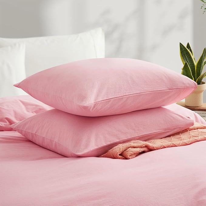 LOVQUE Pink Cotton Duvet Cover King Size, Linen Like Natural Bedding Set with Zipper Closure (No Comforter), 104x90 Inches