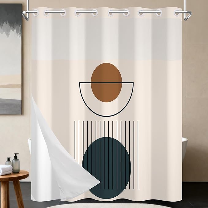 No Hook Boho Shower Curtain with Snap in Liner Set, Modern Geometric Minimalist Pattern, Waterproof Fabric Bath Curtain with Mesh Top Window, 71x74 Inches