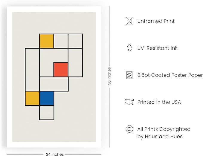 HAUS AND HUES Bauhaus Modern Colorful Abstract Wall Art - Retro Mondrian Print, Mid Century Modern Wall Art Work, Individual Abstract Art, Retro Poster, Multi Squares Art (Unframed, 24x36)