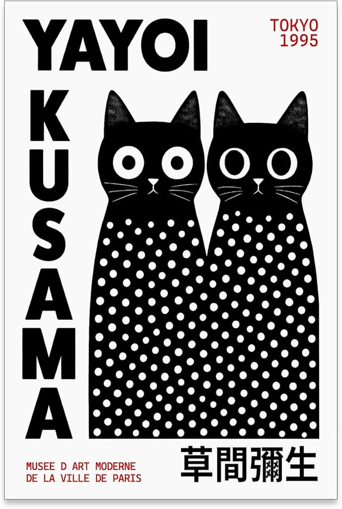 EOLRCIG Black and White Cute Abstract Cat Wall Art Japanese Yayoi Kusama Canvas Poster Modern Fashion Minimalist Painting for Living Room Wall Decor 16X24 inch Unframed Cat Lover Gifts