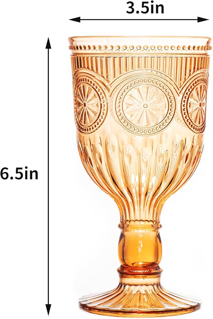 48 Pack Vintage Wine Glasses, Plastic Reusable 12 Ounce Colored Water Goblets, Unique Flower Embossed Pattern Unbreakable Stemmed Wine Glasses High Clear Wedding Party Bar Drinking Cups Amber