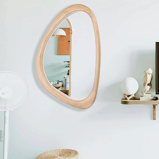 Irregular Wall Mirror, 20 x 30in Wooden Frame Asymmetrical Mirror, Large Home Decor Wall Mirrors, Hanging Vertically and Horizontally, for Bathroom, Living Room, Entryway (Natural Colour)