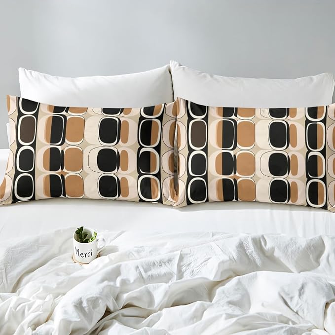 Erosebridal Brown Black Geometric Comforter Cover Twin Mid Century Bedding Set Modern Abstract Duvet Cover for Kids Teen Adults,Boho Circle Round Design Bed Set