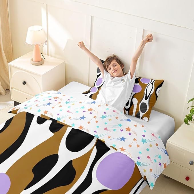 Erosebridal Organic Abstract Duvet Cover Set Modern Contemporary Girl Toddler Bedding Set for Kids Boys Boho Mid Century Wavy Lines Comforter Cover Retro Geometric Bed Sets,Brown Lavender