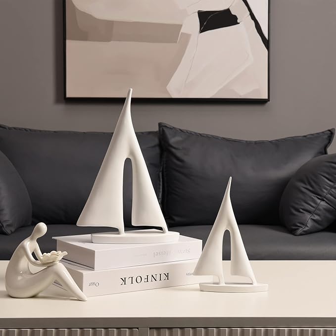 Modern Sculptures Home Decor, Sailboat Decor Ornament, Boat Decorations Statue Decor, Art Sculptures and Statues, Sailboat Gifts Home Office Bathroom Shelf Decor (White-2 Pack)