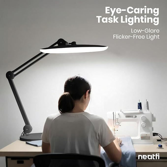 Neatfi XL 2200 Lumens 24W LED Desk Lamp - 4-Level Dimmable Task Light | Home Office, Crafts & Workbench | 20-Inch Wide Head (Black, Non-CCT with Base)