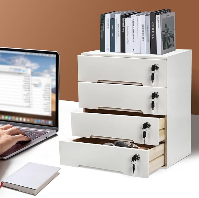 Desktop File Organizer with Lock, 2/3/4 Tier Multi-Drawer Wooden Storage Cabinet, Office Supply Organizer for Home Desk, Study & Workplace (White, 4 Layers)