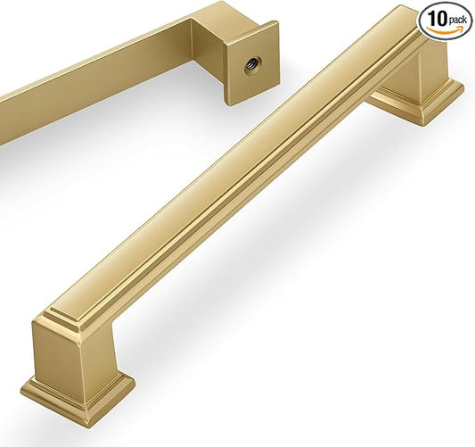 Lardmon 10 Pack 5 Inch(128mm) Hole Center Brushed Gold Modern Cabinet Pulls Kitchen Cabinet Handles Kitchen Cabinet Hardware Timeless Drawer Pulls for Dresser Cupboard Wardrobe, B-Gold(5x10)
