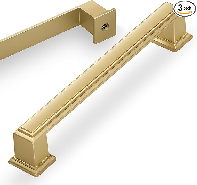 Lardmon 3 Pack 5 Inch(128mm) Hole Center Brushed Gold Modern Cabinet Pulls Kitchen Cabinet Handles Kitchen Cabinet Hardware Timeless Drawer Pulls for Dresser Cupboard Wardrobe, B-Gold(5x3)