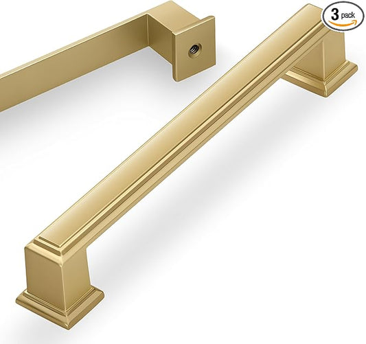 Lardmon 3 Pack 5 Inch(128mm) Hole Center Brushed Gold Modern Cabinet Pulls Kitchen Cabinet Handles Kitchen Cabinet Hardware Timeless Drawer Pulls for Dresser Cupboard Wardrobe, B-Gold(5x3)