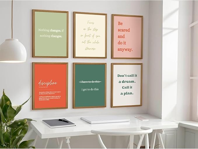 Office Wall Art Motivational Posters Inspirational Quote Canvas Wall Decor Office Positive Pictures Inspirational Classroom Art Motivational Work Prints for Gym Home 8x10 Inch Framed Set of 6