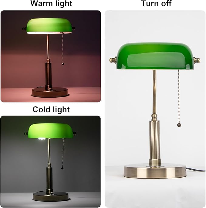 FIRVRE Glass Bankers Desk Lamp with USB Wireless Charging Port, LED Desk Lamp with Classic Retro Pull Chain Switch, Green Glass Lampshade with Brass Finish for Home Office Bedside Study Library