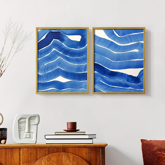 Renditions Gallery Set of 2 Peel & Stick Framed Prints, Watercolor Abstract Wall Art, Bold Brushstrokes in Shades of Blue Wall Decor, Re-Stickable - Ready to Hang - 22"x28" - GOLD Frame LT588