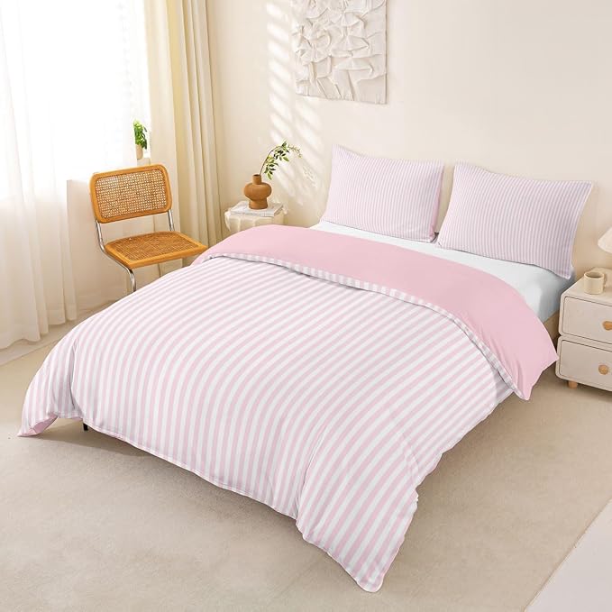 Erosebridal Pink White Stripe Bedding Set Queen Geometric Striped Duvet Cover for Kids Teens Farmhouse Ticking Stripes Comforter Cover Horizontal Stripes Modern Abstract Bed Set with Zipper