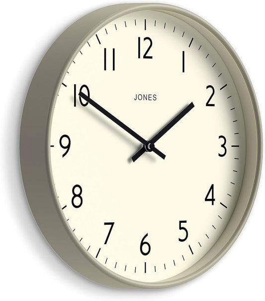 JONES CLOCKS® Studio Clock | Modern Round wall Clock | 12 inch | Gray | Easy to Read Numbers | Versatile Design for Kitchen, Living Room or Office