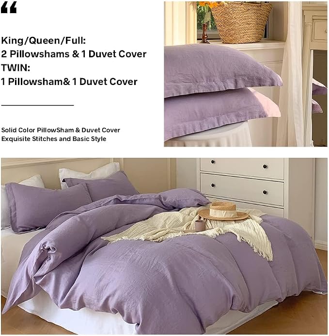 Simple&Opulence 100% Linen Duvet Cover Set with Washed-French Flax-3 Pieces Solid Color Basic Style Bedding Set-Breathable Soft Comforter Cover with 2 Pillowshams (Full, Lilac)