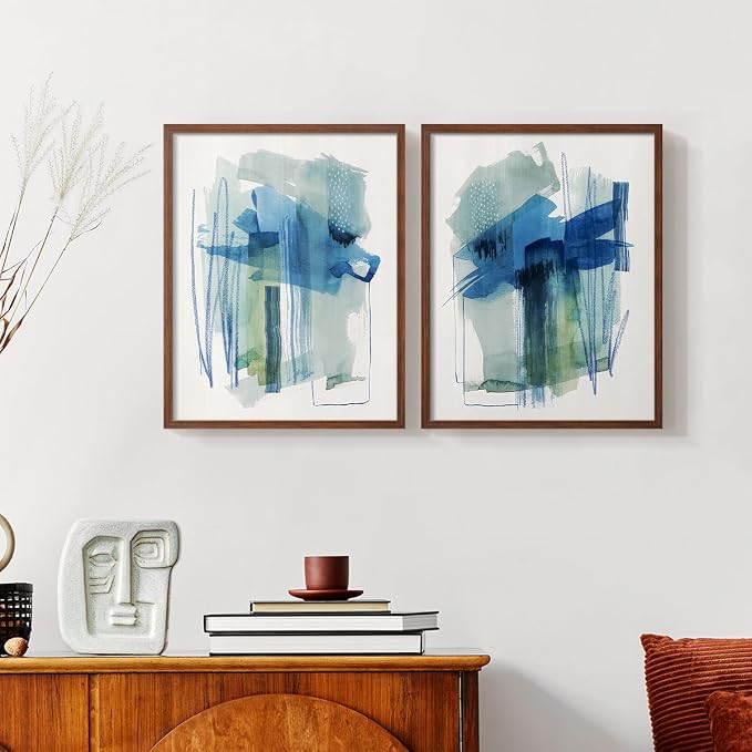 Renditions Gallery Set of 2 Peel & Stick Framed Prints, Modern Abstract Wall Art, Blue and Neutral Bold Brushstrokes Wall Decor, Re-Stickable - Ready to Hang - 16"x20" - Walnut Frame LT588