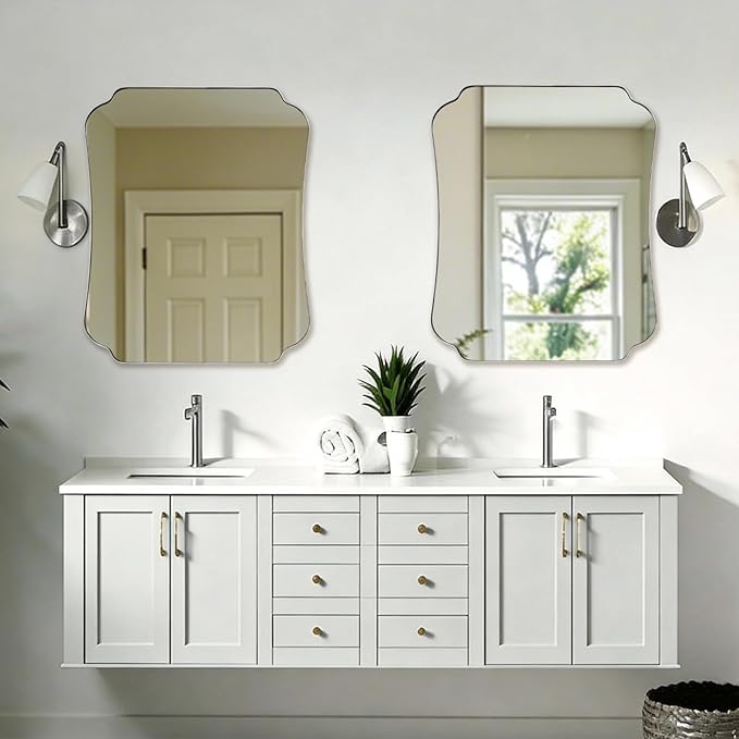 ANDY STAR Brushed Nickel Mirror 30x36 Inch, Bathroom Mirror for Wall, Large Scalloped Wall Mirror in Anti-Rust Stainless Steel Metal 1’’ Frame