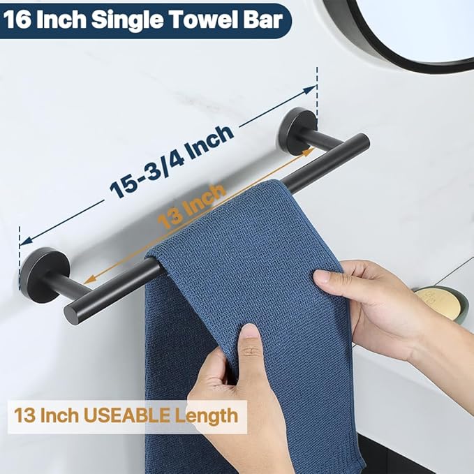 SAYAYO Black Towel Racks for Bathroom, 16 Inch Towel Bar Towel Rod Towel Holder Wall Mount SUS304 Stainless Steel (Hanging Length 13-Inch)